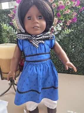 American Girl Blue Dress with Black Trim and Striped Bonnet
